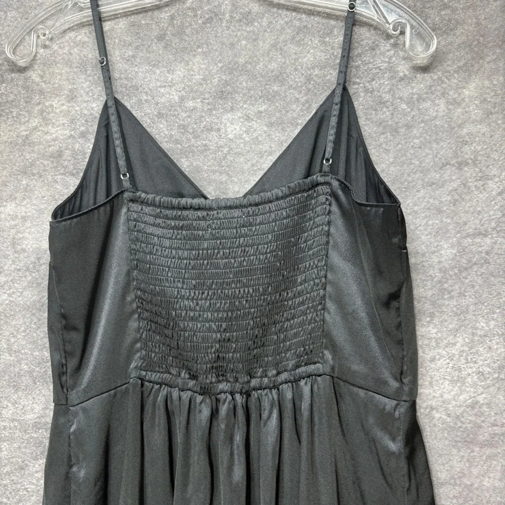 Abercrombie Fitch Black Satin Button Front Midi Slip Dress Size L Smocked Back